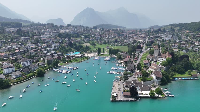 Spiez Town on lake Thun Switzerland drone, aerial