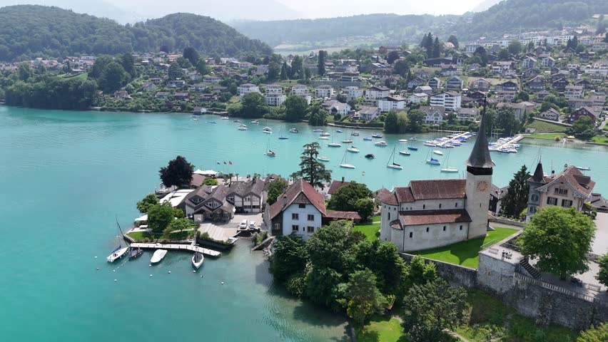 Spiez Castle on lake Thun Switzerland drone, aerial
