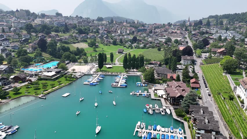 Harbour Spiez Town on lake Thun Switzerland drone aerial