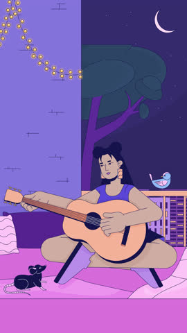 Lofi balcony jam session at night with mouse and bird vertical animation. Lo fi girl playing guitar on patio. String lights, crescent moon 2D cartoon animated 4k video. Chill aesthetic, live wallpaper