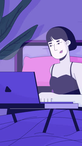 Late night lofi work session vertical animation. Asian woman typing laptop in bed. Cozy productivity, bedtime freelancing. Lo fi 2D cartoon animated 4k video. Chill aesthetic, live wallpaper