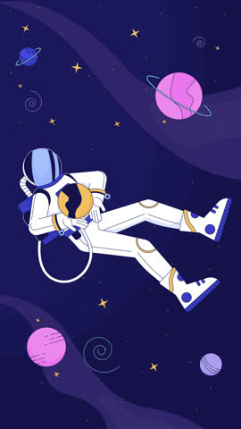 Chill astronaut lofi floating weightlessly vertical animation. Dreamy cosmic spaceman among stars planets. Lo fi zero gravity 2D cartoon animated 4k video. Space chillhop aesthetic, live wallpaper