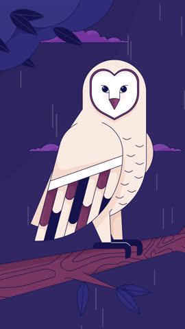 Rainy night owl lofi wildlife vertical animation. Barn owl perched on tree branch in rainy nighttime forest. Nocturnal vibes. Lo fi 2D cartoon animated 4k video. Chill aesthetic, live wallpaper