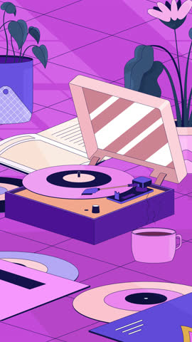 Lofi study desk with e-learning vertical animation. Calm evening, curtain flowing, window view. Laptop with online class. Lo fi 2D cartoon animated 4k video. Chill aesthetic, live wallpaper