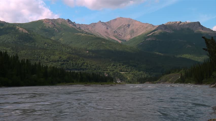 Nenana River And Mountain Range In Denali National Park In Alaska. - wide shot