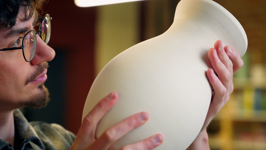 Close up man Caucasian male guy small business owner pottery salesman artist professional sculptor potter holding ceramic vase clay handmade in workshop looking checking quality buying jug craft store