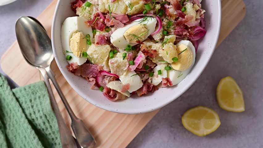 Deviled egg potato salad with bacon and fresh herbs in a plate