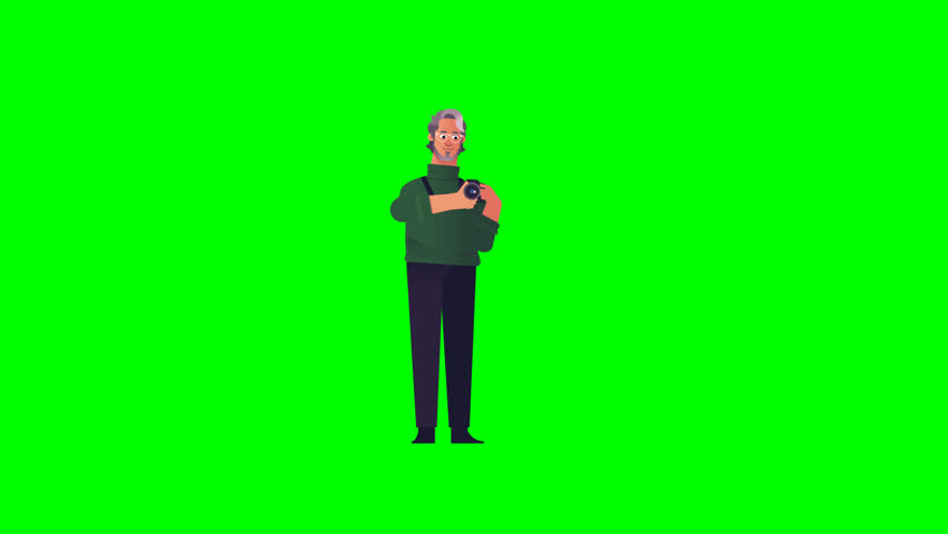 3D Photographer Taking Photo and Checking Camera — A dynamic green screen animation of a human character acting as a professional photographer, perfect for versatile digital creative assets.