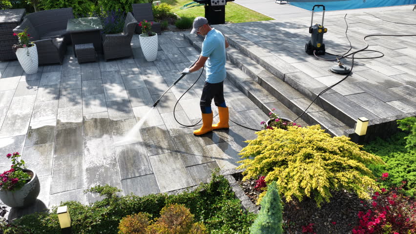 A person uses a pressure washer to clean a patio in a beautiful garden setting, showcasing vibrant greenery and a sparkling pool nearby.