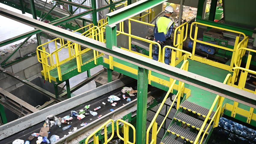 Employees meticulously sort various recyclable materials on a conveyor belt at a waste processing facility, ensuring efficient recycling practices occur.