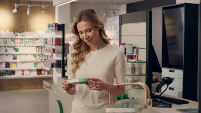 Pharmacy customer woman shopping medicine drugs vitamins supplements health care beauty products smiling healthy girl female portrait in drugstore buying medication pharmacology order pills medical