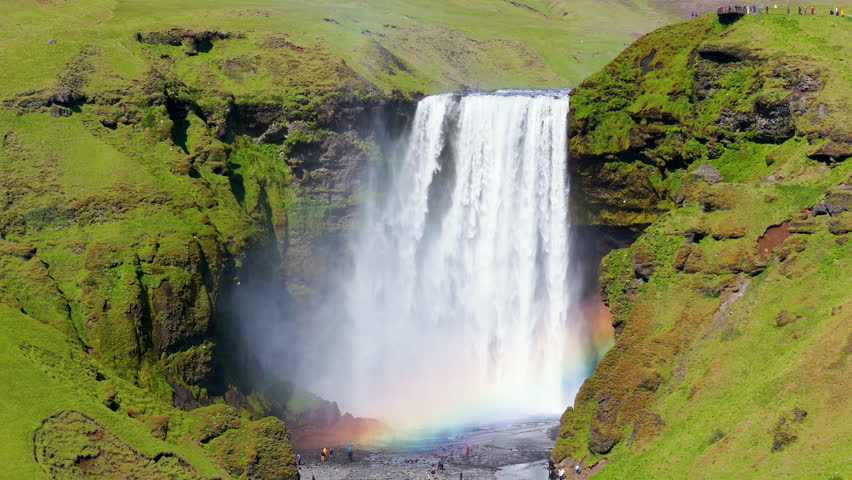 Aerial Skogafoss Waterfall in Iceland, complete with a rainbow view