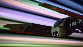 3d animation of sci-fi military spaceship warp drive travel explores space at high speed flies into neon energy portal tunnel making hyper jump, teleportation to new unknown world, another galaxy. - Powered by Shutterstock - Get 15% off with code: PIKWIZARD15