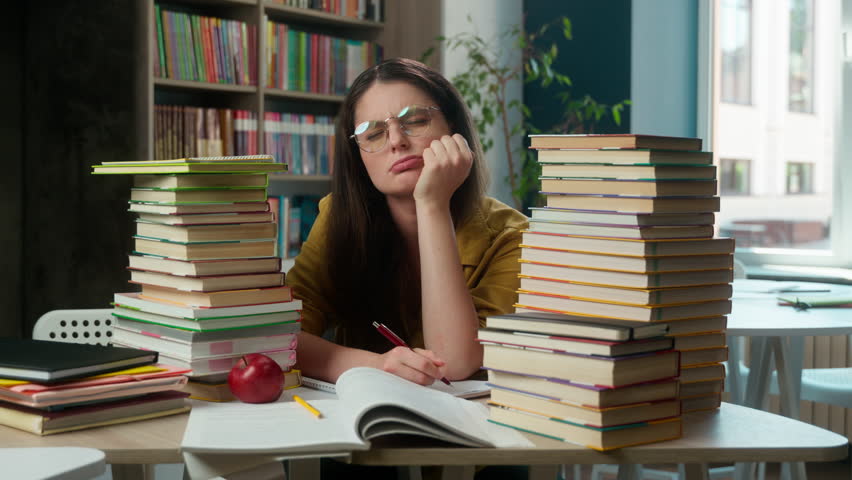 Caucasian tired woman girl high school student exhausted overwork teacher pupil student sad upset studying exam stress difficult learn problem education literature boring read books library university