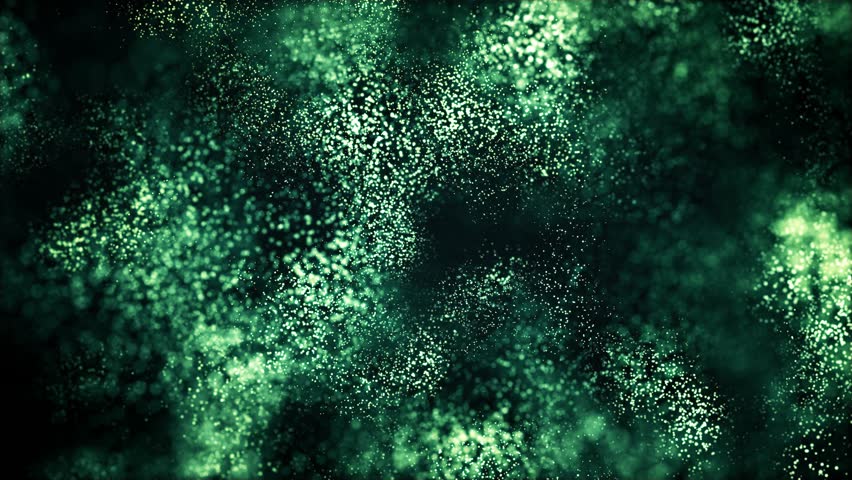 Abstract green particles and dust floating in dark space, creating a magical and dreamy atmosphere. Perfect for backgrounds, fantasy projects, nature-inspired visuals, or digital motion design