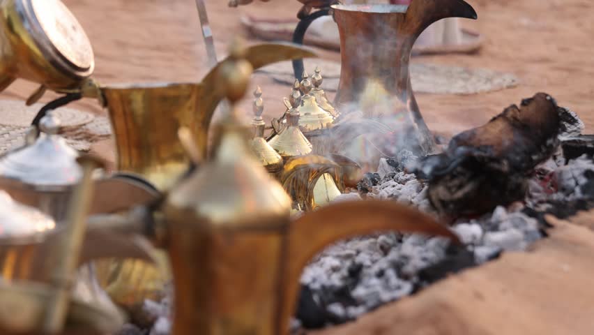 Arabic traditional coffee pots, hospitality beverage in Middle Eastern culture, UAE heritage concept