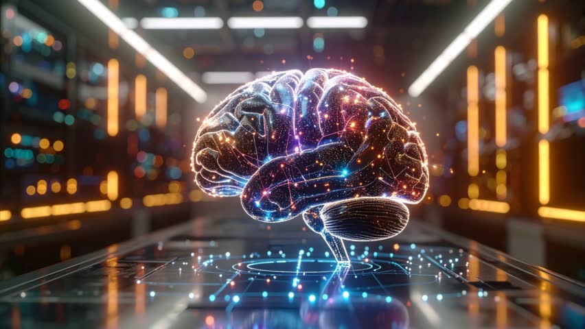 Rotating AI Brain Made of Digital Particles with Glowing Neural Network. Loop animation 4K