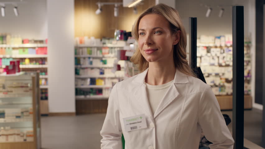 Caucasian woman pharmacist female doctor adviser pharmacology medicine in drugstore health care products pills pharmaceutical consultation smiling girl caregiver physician in medical coat portrait