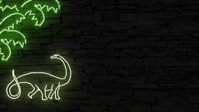 Brachiosaurus dinosaur standing under palm trees, moving illuminated 3d illustration retro neon signs on dark brick wall, 10s 4k video animation, add your own text, use for invitations, marketing - Powered by Shutterstock - Get 15% off with code: PIKWIZARD15
