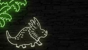 Happy dinosaur standing under palm trees, moving illuminated 3d illustration retro neon signs on dark brick wall, 10s 4k video animation, add your own text, use for invitations, marketing - Powered by Shutterstock - Get 15% off with code: PIKWIZARD15