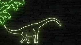 Happy dinosaur brachiosaurus standing under palm trees, moving illuminated 3d illustration retro neon signs on dark brick wall, 10s 4k video animation, add your own text, use for dino-invitations! - Powered by Shutterstock - Get 15% off with code: PIKWIZARD15