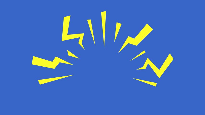 4K comic expression animation featuring bold yellow lightning burst on blue background. Perfect for cartoon reactions, surprise effects, or expressive comic panels.