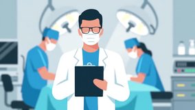 A dedicated surgeon reviewing a medical record, while other doctors perform surgery in the operation room - Powered by Shutterstock - Get 15% off with code: PIKWIZARD15