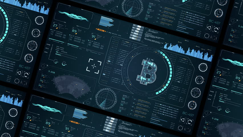 Motion graphic of Blue digital money logo with head up display (HUD UI) panel and futuristic technology abstract background crypto currency finance and digital money video concepts