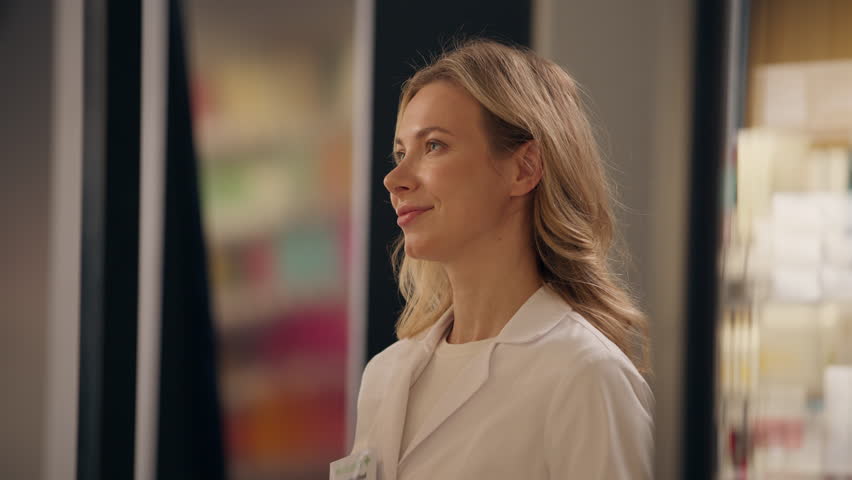 Health care worker woman pharmacist talk in pharmacy medical help advice customer buying pills medication package at cashier counter smiling girl medicine service drugstore pay contactless credit card