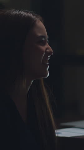 Vertical Screen : Asia young business girl meeting brainstorming ideas about new paperwork project colleagues working together planning success strategy enjoy teamwork in small modern night office.