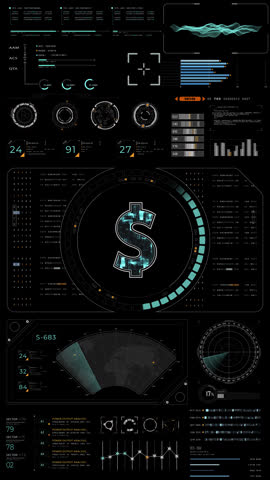 Motion graphic of Blue digital money logo with HUD UI panel and futuristic technology abstract background crypto currency finance and digital money vertical video concepts alpha channel included
