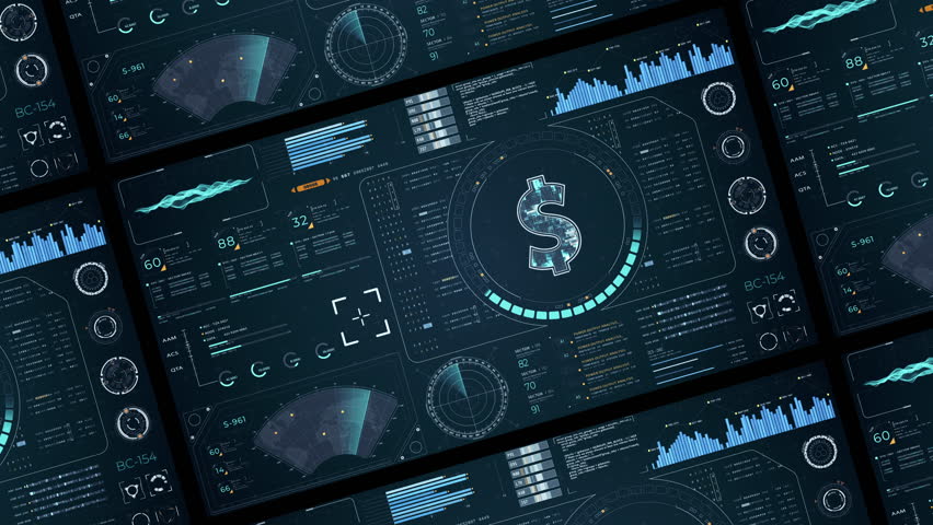 Motion graphic of Blue digital money logo with head up display (HUD UI) panel and futuristic technology abstract background crypto currency finance and digital money video concepts