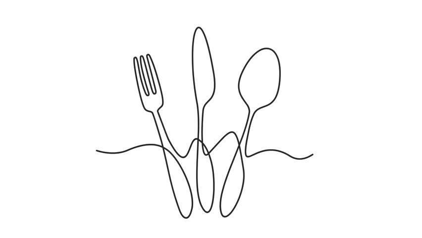Animated self drawing of continuous line draw of spoon, knife and fork. Restaurant concept for cafe, shop or food delivery service. Full length one line animation. 4K	