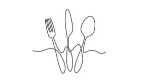 Animated self drawing of continuous line draw of spoon, knife and fork. Restaurant concept for cafe, shop or food delivery service. Full length one line animation. 4K	 - Powered by Shutterstock - Get 15% off with code: PIKWIZARD15