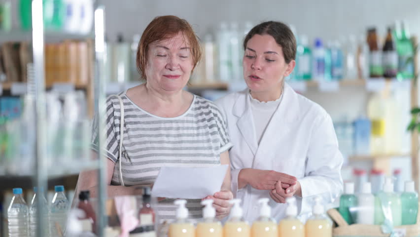 Elderly woman choosing prescription medications with help of young female pharmacist in pharmacy