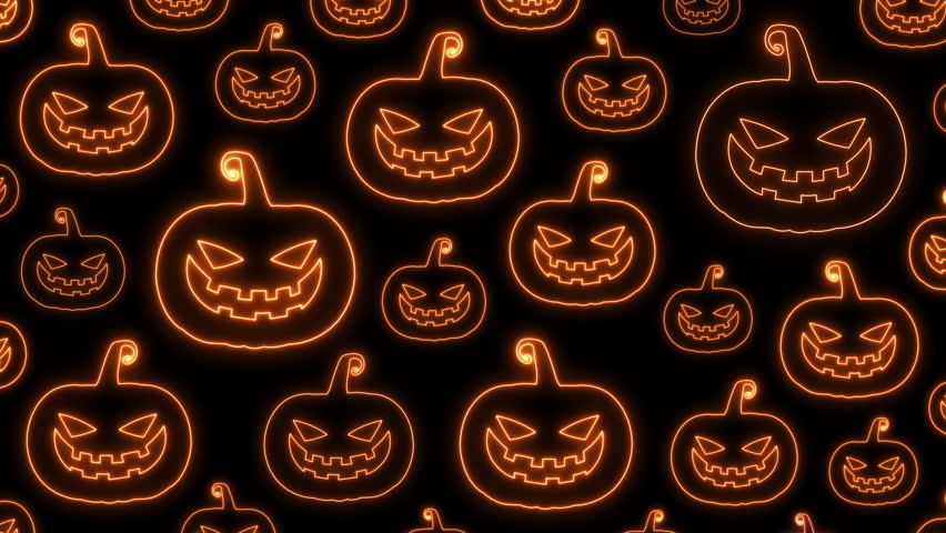 4K Loop Glowing Neon Halloween pumpkin Pattern Isolated on Black Background. Halloween and Holiday  Concept creepy Pumpkins Neon Pattern Design. Neon Pumpkins Texture Design. Halloween Holiday Banner.