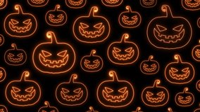 4K Loop Glowing Neon Halloween pumpkin Pattern Isolated on Black Background. Halloween and Holiday  Concept creepy Pumpkins Neon Pattern Design. Neon Pumpkins Texture Design. Halloween Holiday Banner. - Powered by Shutterstock - Get 15% off with code: PIKWIZARD15