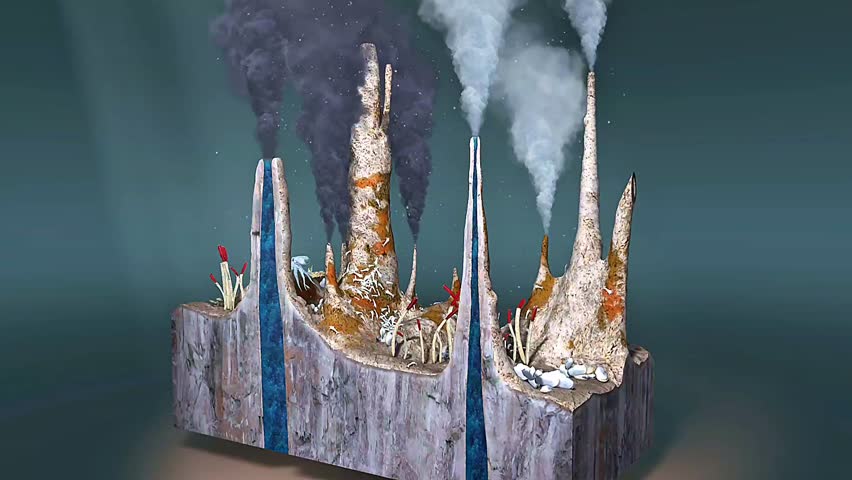 3D animation of deep sea hydrothermal vents releasing mineral-rich fluids from Earth's oceanic crust.