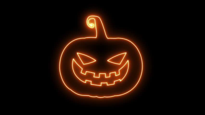 4k Loop Neon Glowing Scary Smiling Halloween Pumpkin Isolated on Black Background Illuminated Pumpkin Animation with Creepy Face Expression Happy Halloween Trick or Treat Neon Glowing Design Element.