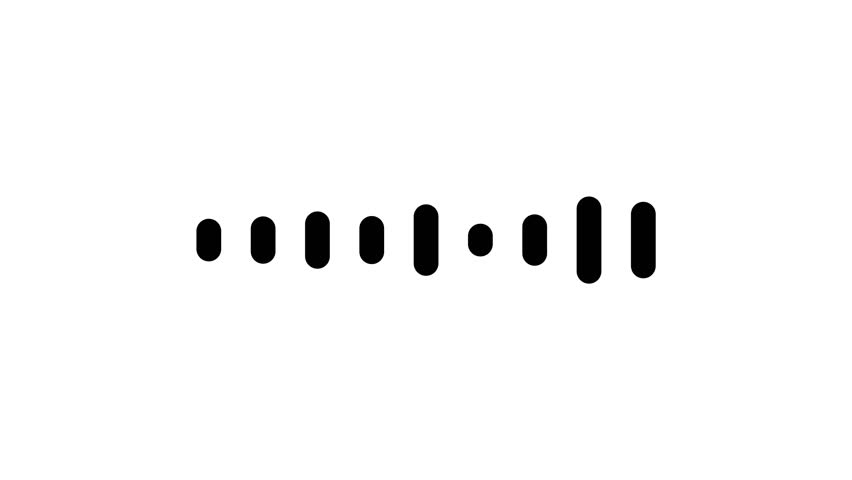 Minimal audio waveform animation in solid black on a white background. Short vertical bars pulse smoothly to visualize sound or voice. Suitable for music, audio content, and clean visual projects.