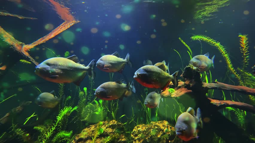 Red piranha fishes swimming in freshwater aquarium, exotic underwater wildlife scene. Group of Piranha Fish Swimming in Freshwater Aquarium