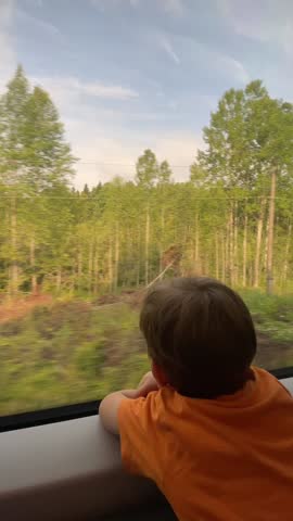 A child sits by the train window, watching a lush forest rush past. Motion blur captures speed, while warm sunlight highlights the moment. Perfect for travel, family, or childhood-themed content.