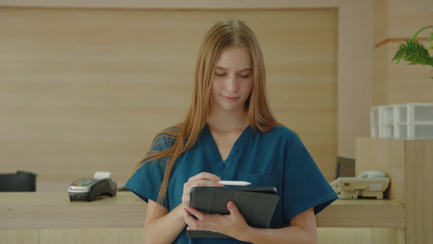 Portrait, a surgeon or nurse is standing smiling in front of a ward.	
