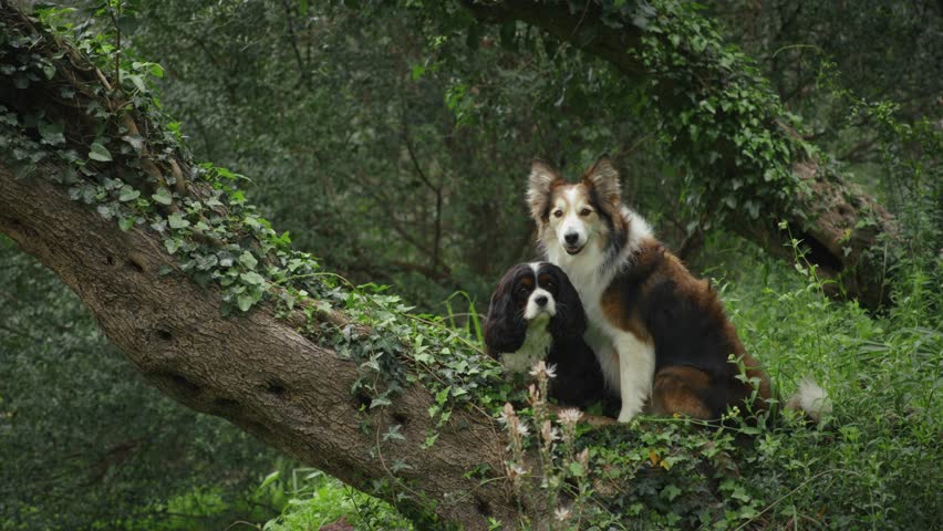 A Border Collie and Cavalier King Charles Spaniel are perched together on a large tree branch in the forest. The scene shows their balance and connection.
