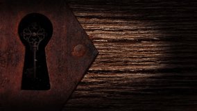 Keyhole Swinging Key in the Dark 4K Loop features a rough piece of wood with a rusty keyhole and a skeleton key swinging as you look through the keyhole in a loop. - Powered by Shutterstock - Get 15% off with code: PIKWIZARD15