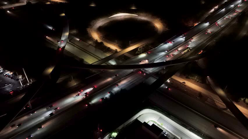 Aerial view of Los Angeles freeway interchange at night