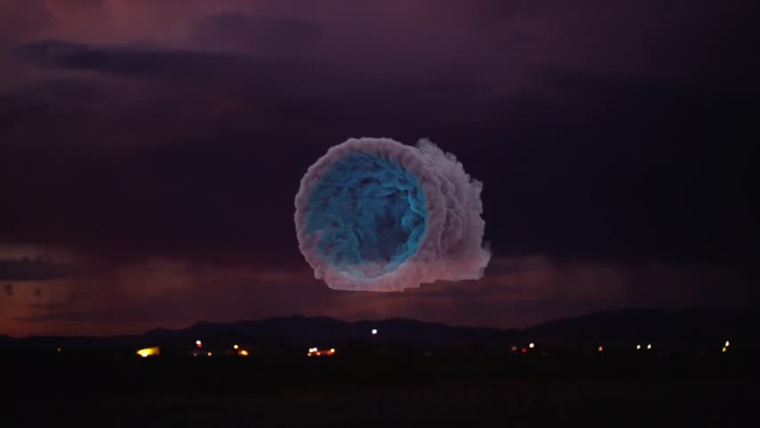 A mesmerizing animated smoke portal opens over a futuristic city at night, creating a mystical and cinematic atmosphere.