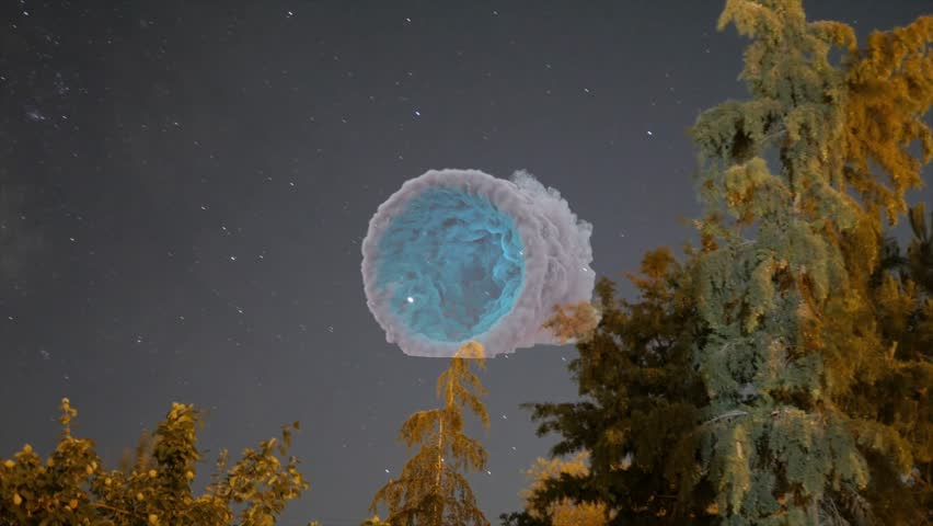 A mystical smoke portal materializes above the trees under a starry night sky, creating a mesmerizing and cinematic fantasy effect.