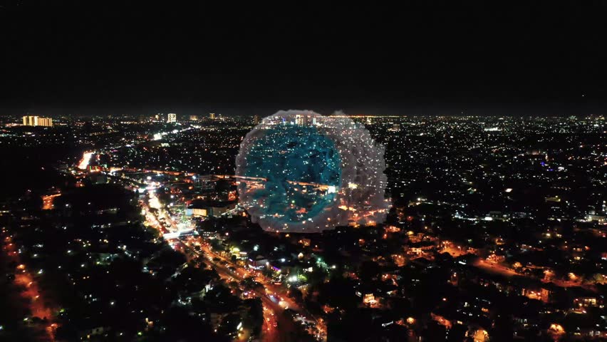 A mesmerizing animated scene of a mystical smoke portal opening over a futuristic city at night, glowing under a starry sky.