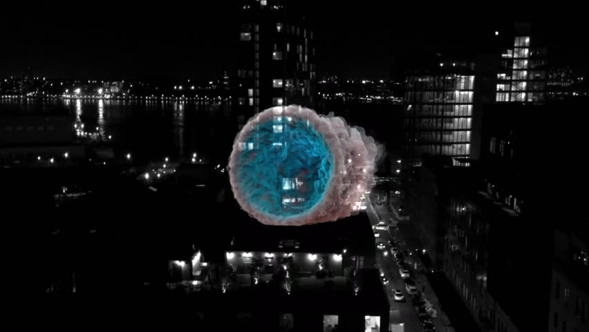 A mesmerizing animation of a mystical smoke portal opening over a futuristic city under a starry night sky